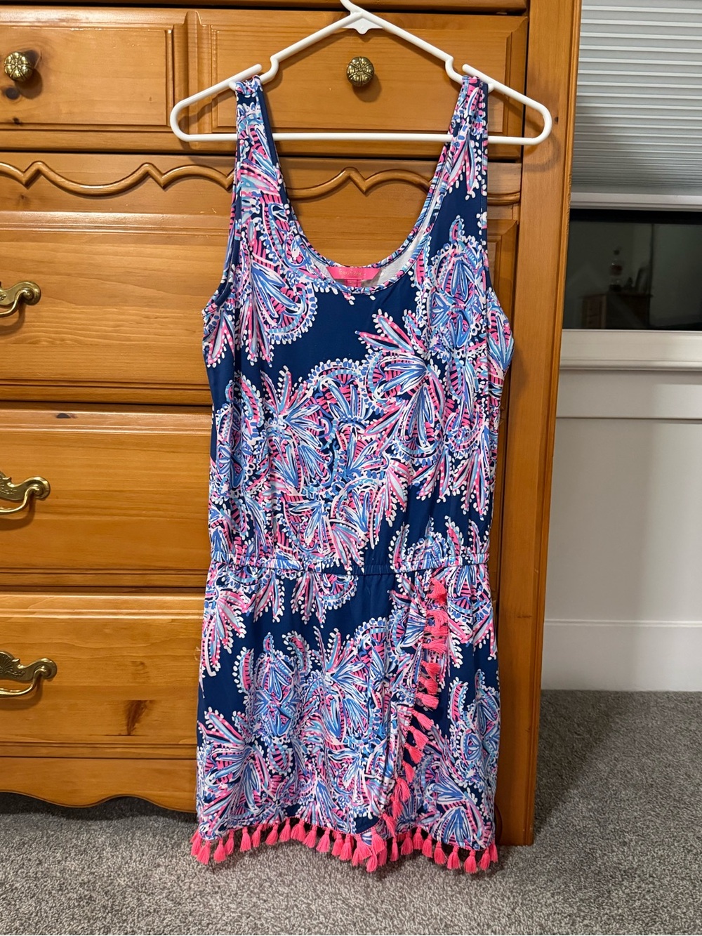 Lilly Pulitzer Jarrett romper Navy Pink Blue Floral Tank Dress with Tassel Trim